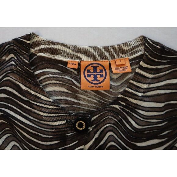 Tory Burch Women Sz S Brown Zebra Print Merino Wool Peplum Cardigan Sweater $398 - Picture 5 of 8